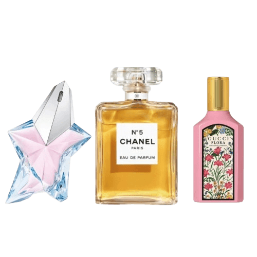 3-Piece Women's Fragrance Set: Mugler Angel, Chanel No. 5, Gucci Flora Gorgeous Gardenia Thumbnail 1