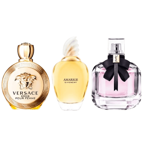 3-Piece Women's Fragrance Set: Versace Pour Femme, Givenchy Amarige, Yves Saint Laurent Mon Paris Principal