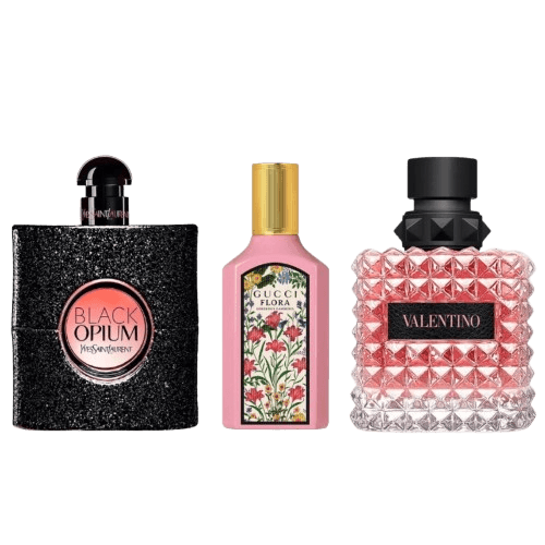 3-Piece Women's Fragrance Set: Yves Saint Laurent Black Opium, Gucci Flora Gorgeous Gardenia, Valentino Donna Born in Roma Principal
